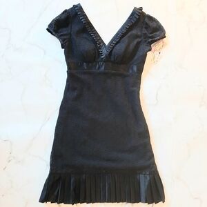 Phoebe Couture Black Lace Overlay Silk Trim Cap Sleeve Double V Neck Dress